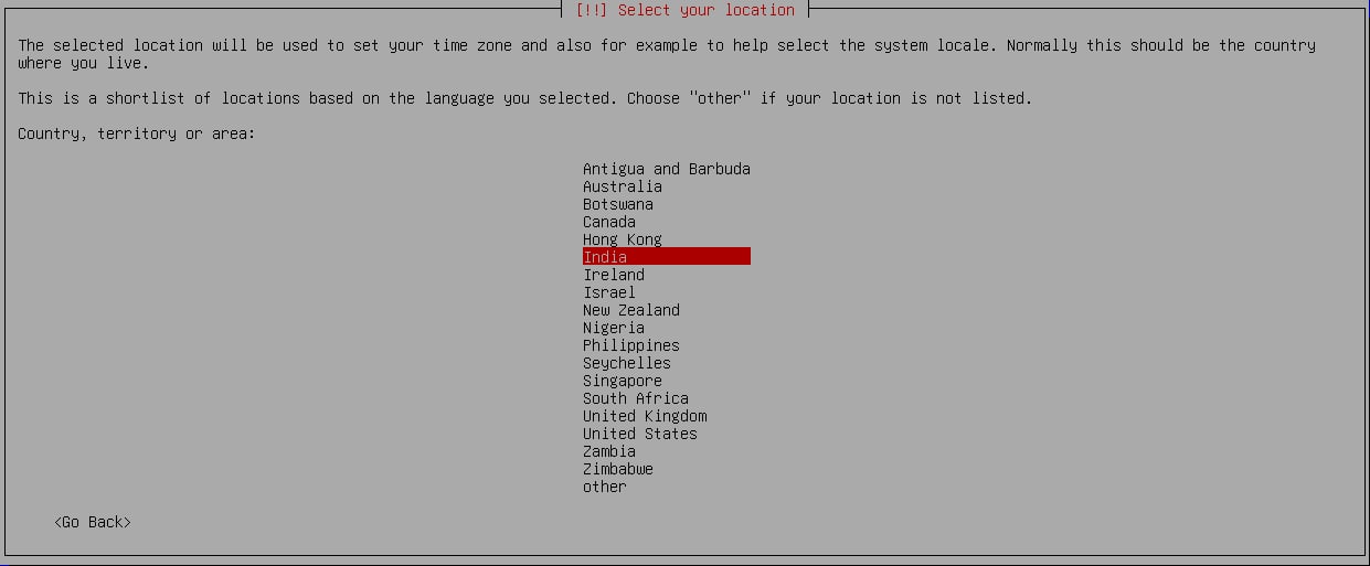 Installer location selection screen, which sets the appliance time zone