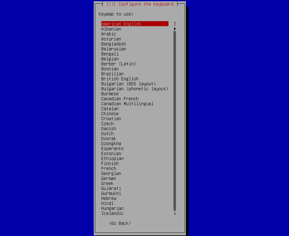 Installer keyboard layout configuration screen