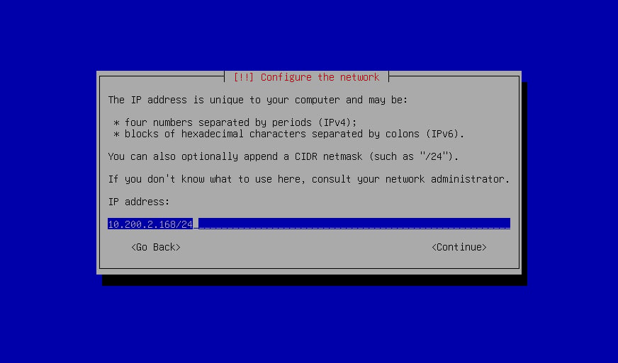 Installer prompt for the static IP address with CIDR netmask