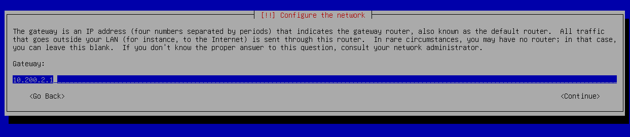 Installer prompt for the default gateway address
