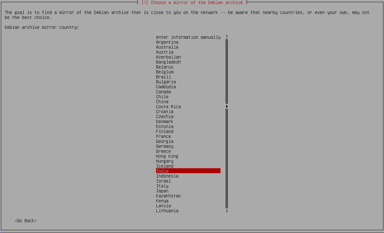Installer prompt to choose a Debian archive mirror by country