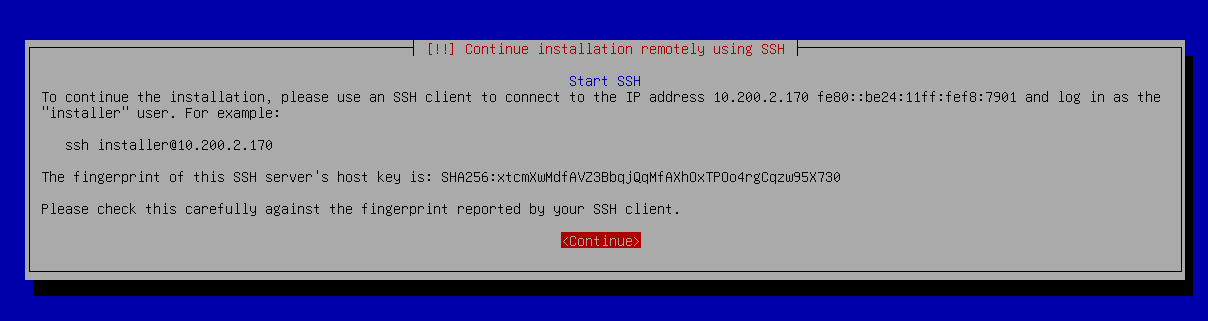 Installer notice offering to continue the installation remotely over SSH