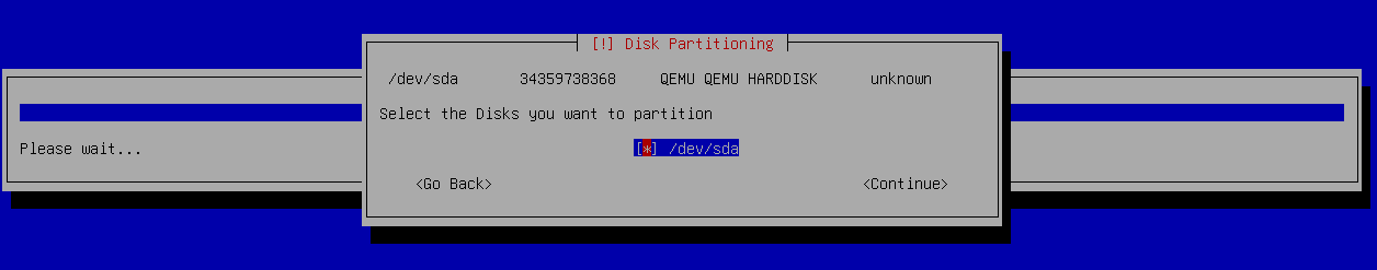 Disk partitioning prompt listing available disks