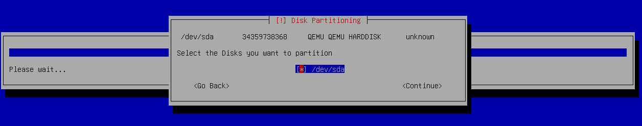 Disk partitioning prompt listing available disks