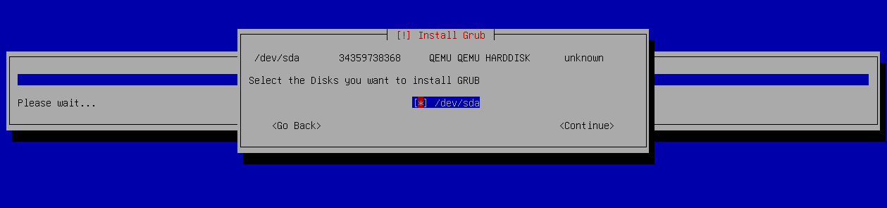 GRUB bootloader installation prompt listing available disks