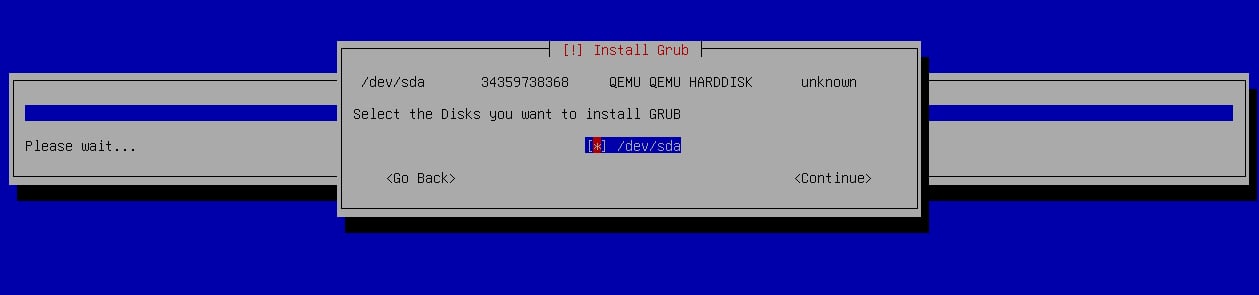 GRUB bootloader installation prompt listing available disks