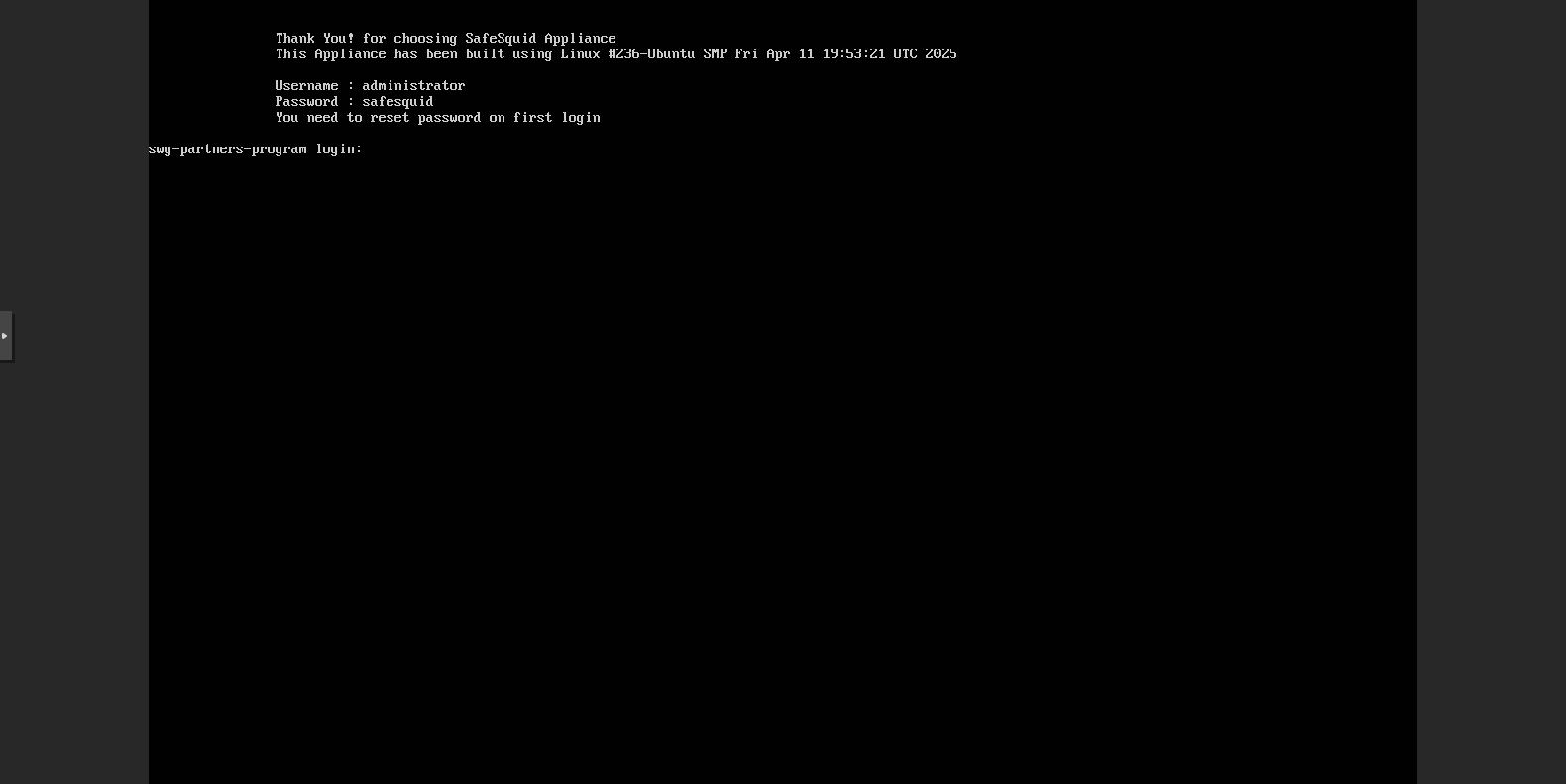 Console login prompt showing the default credentials and first-login password reset notice