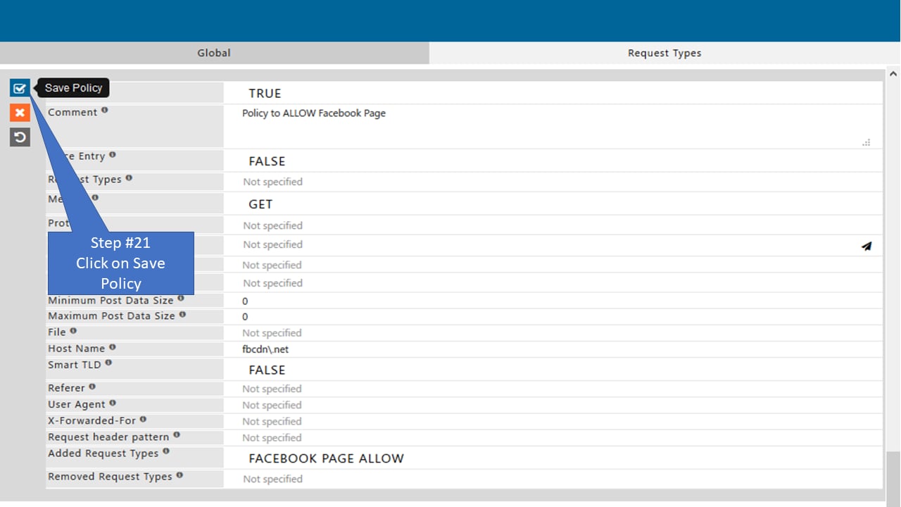 Save policy that allow only specific page of Facebook