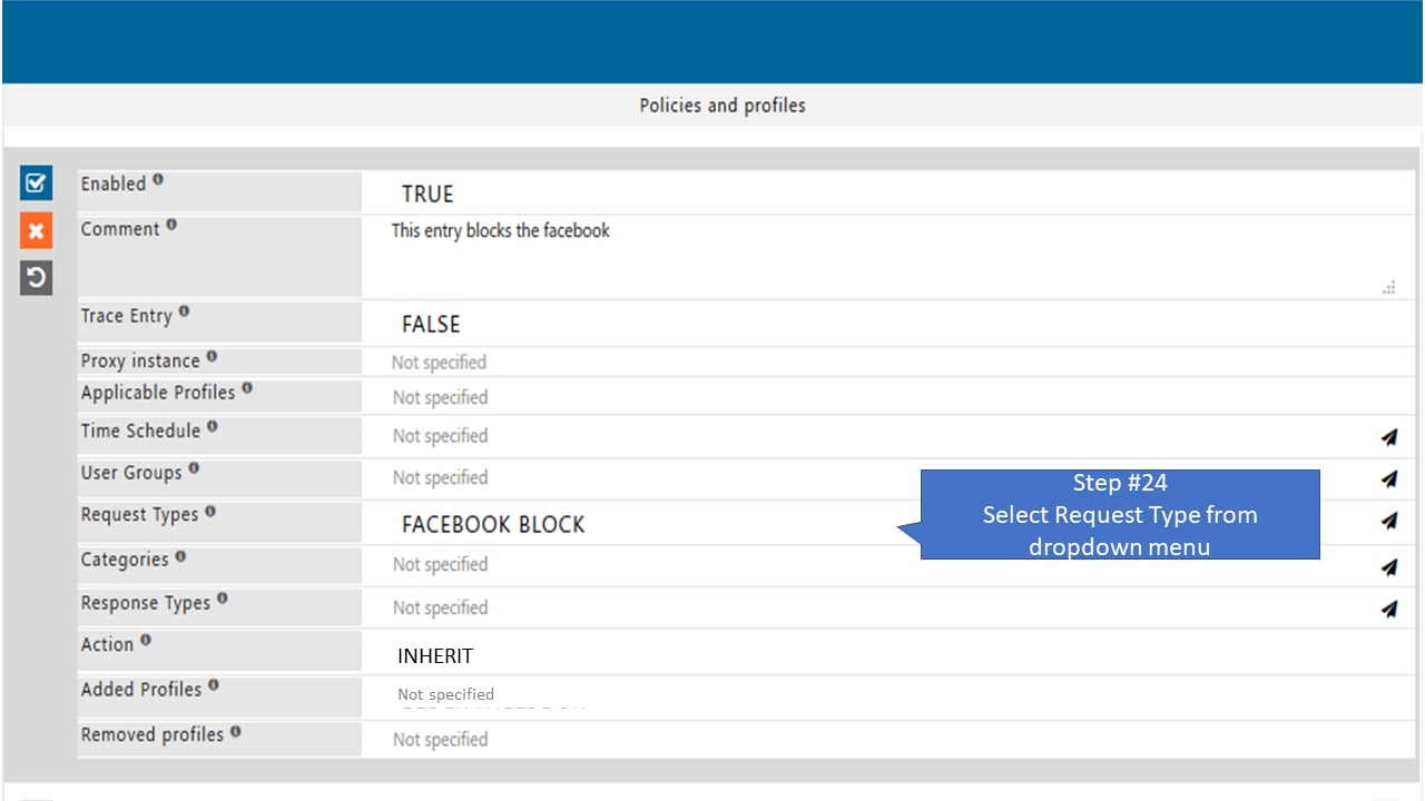 Select Request type in the policy that allow only specific page of Facebook