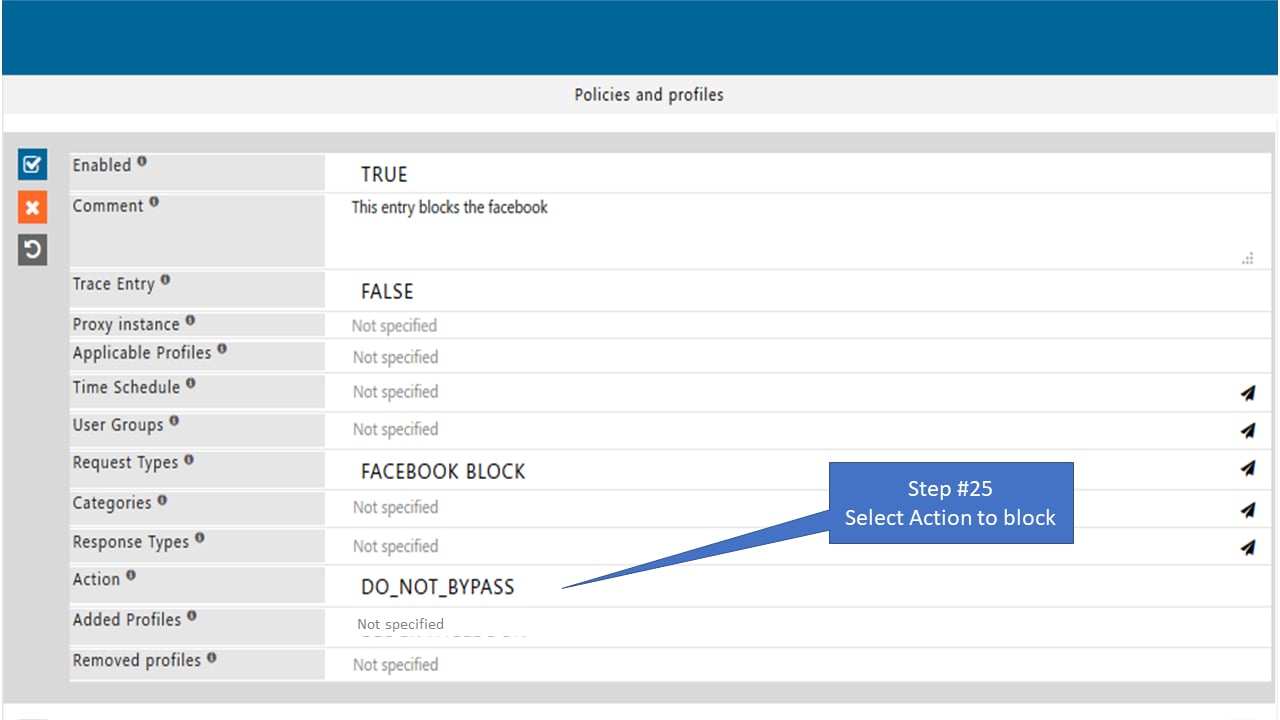 Select Action block in the policy that allow only specific page of Facebook