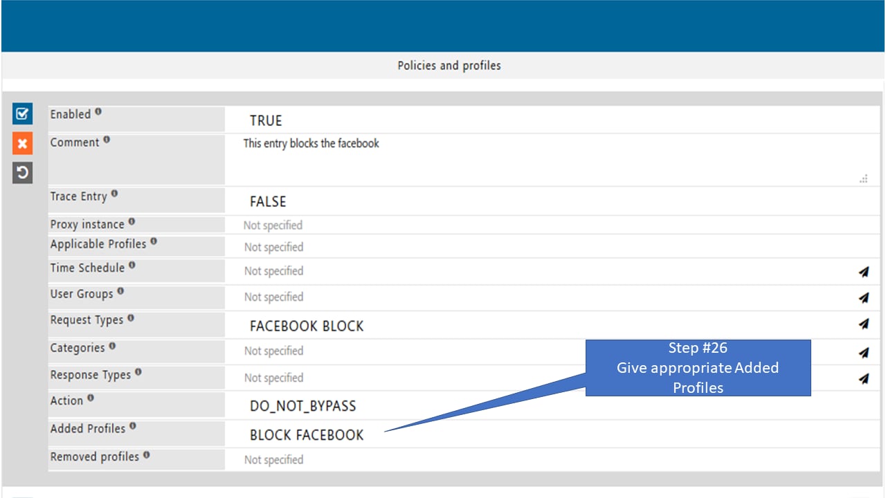 Give appropriate Added profiles to the policy that allow only specific page of Facebook
