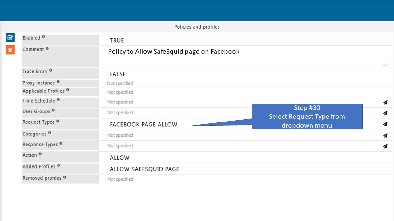 Select request type in the policy that allow only specific page of Facebook
