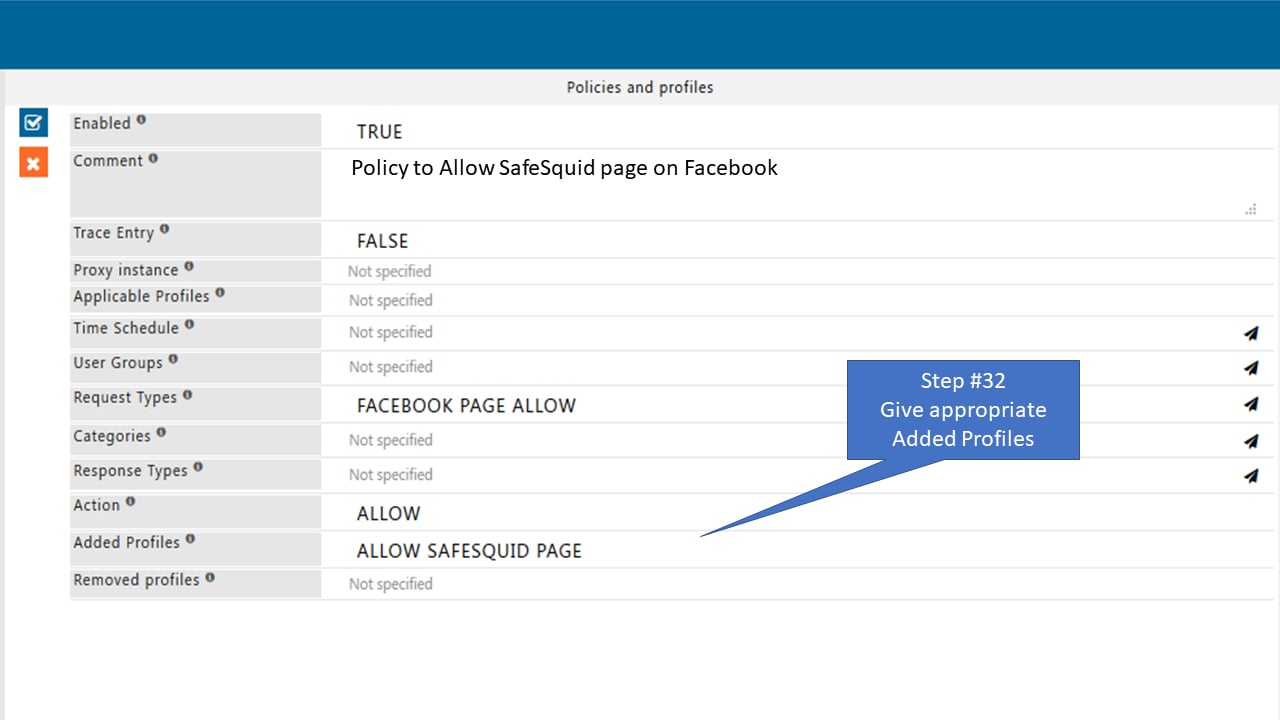 Give appropriate Added profiles to the policy that allow only specific page of Facebook