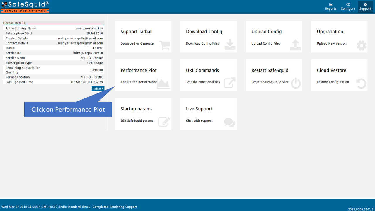 Select Support to Generate Performance Plot from SafeSquid User Interface