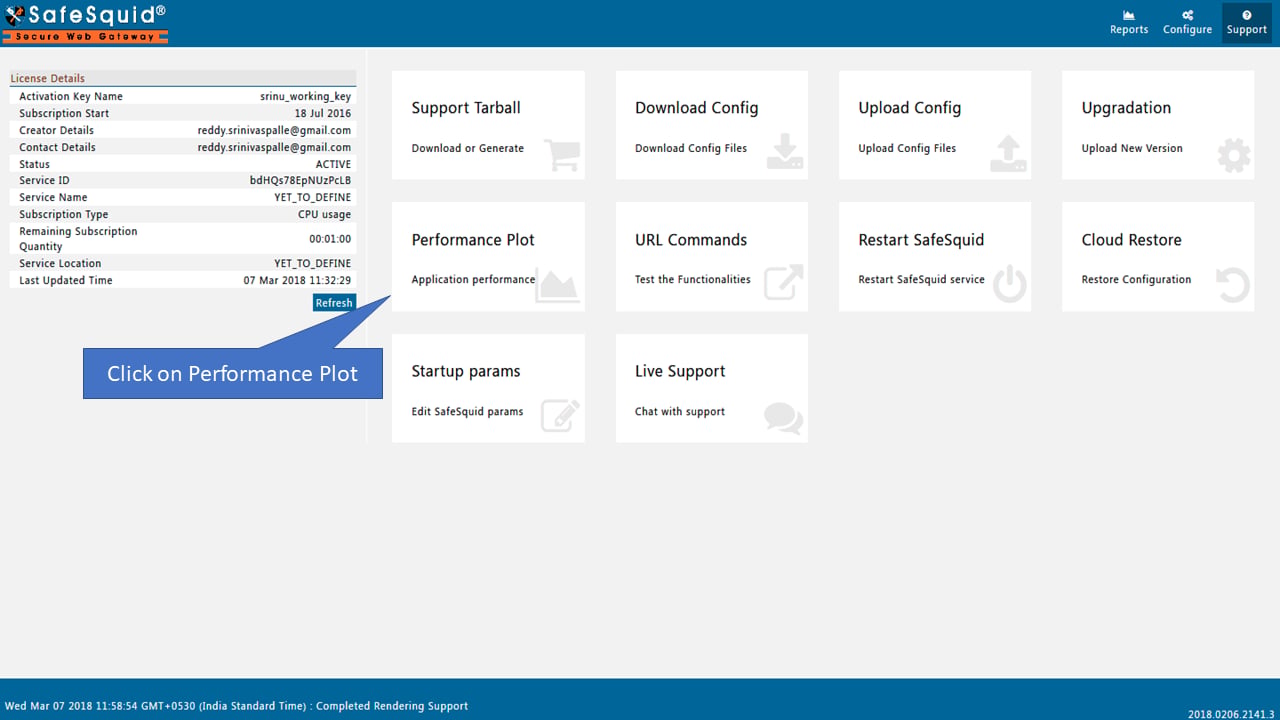 Select Support to Generate Performance Plot from SafeSquid User Interface