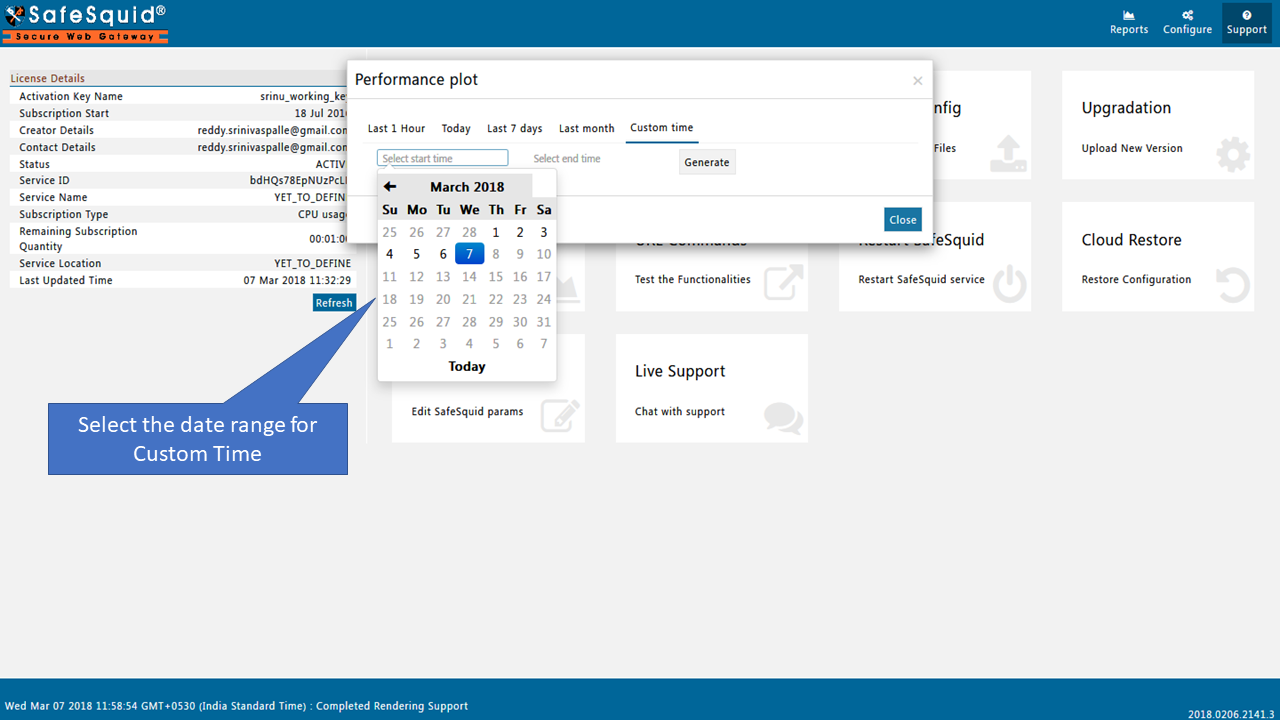 Select Date Range for Custom Time to Generate Performance Plot from SafeSquid User Interface