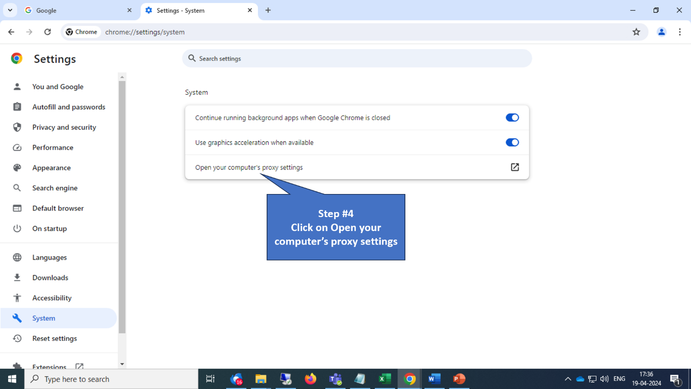 Proxy settings link