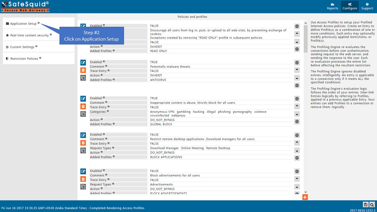 Application Setup section in sidebar