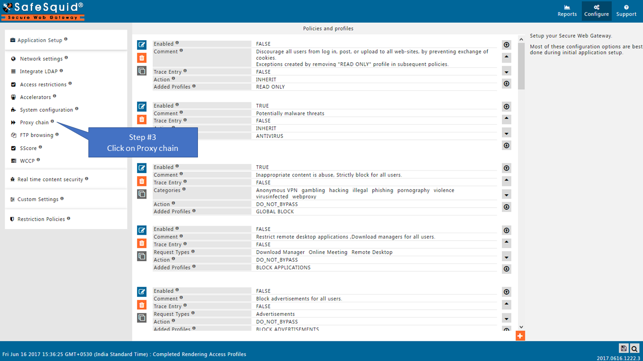 Proxy chain section in Application Setup