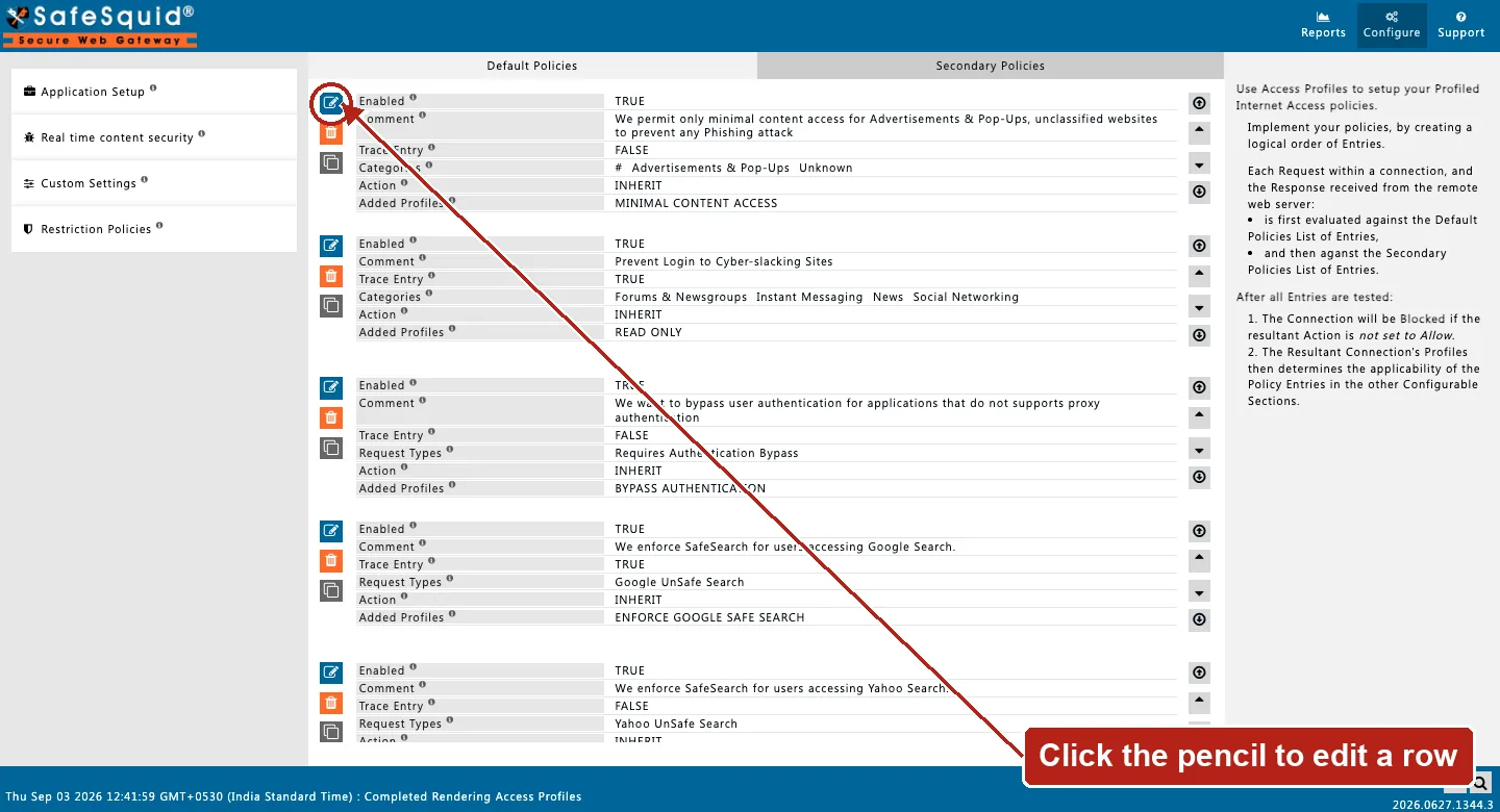 SafeSquid console showing the Access Profiles Default Policies list, with the Edit Policies pencil icon on the first row circled