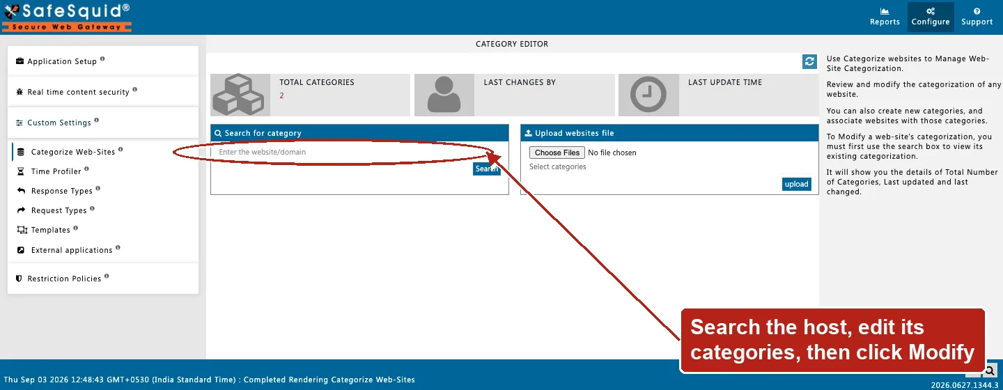 SafeSquid console showing the Categorize Web-Sites Category Editor with the Search for category box circled