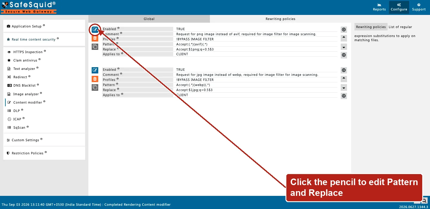 SafeSquid console showing Content modifier Rewriting policies rows rewriting Accept headers, the Edit Policies icon on the first row circled