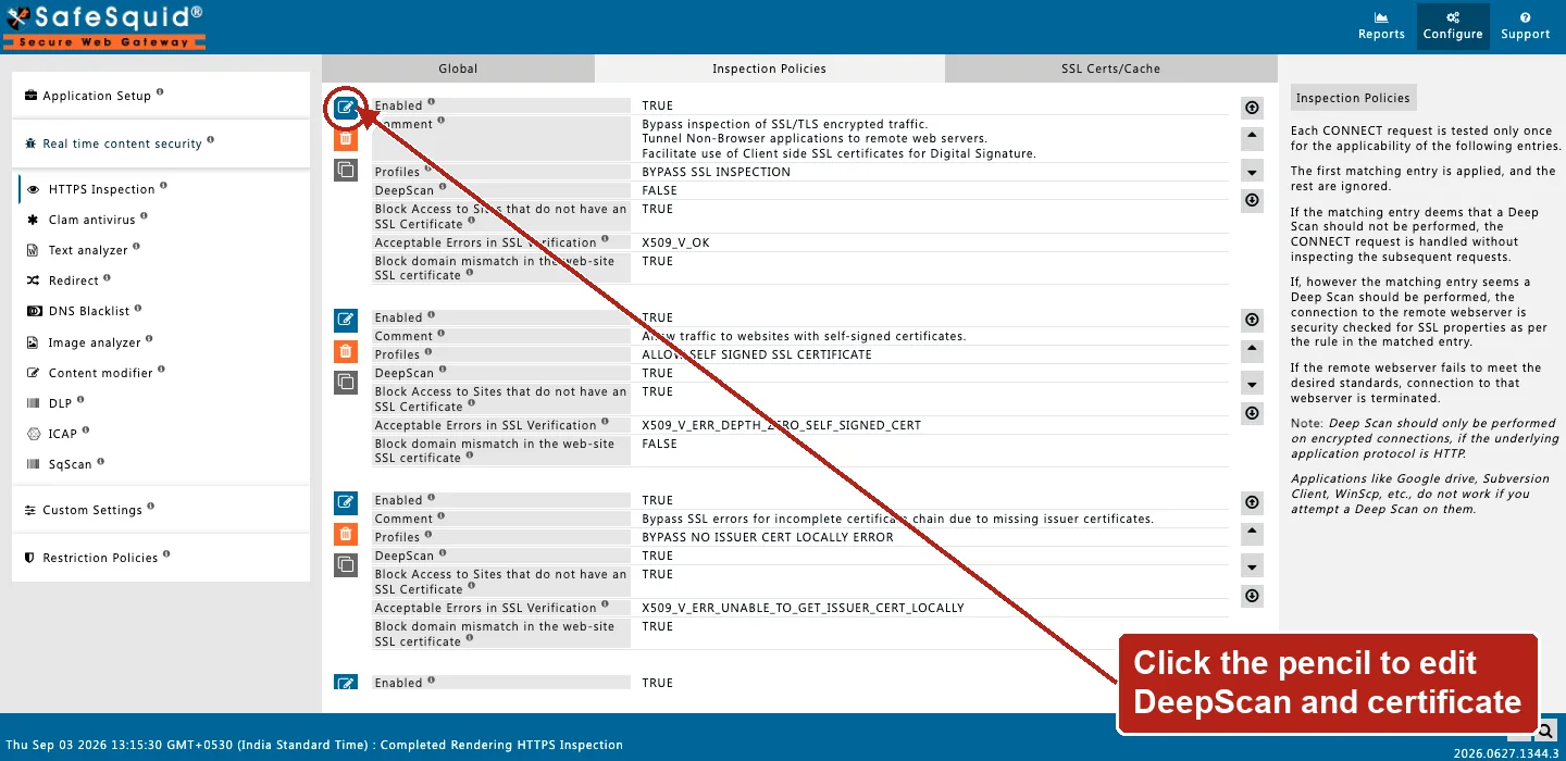 SafeSquid console showing HTTPS Inspection policy rows with DeepScan and certificate-error fields, the Edit Policies icon on the first row circled