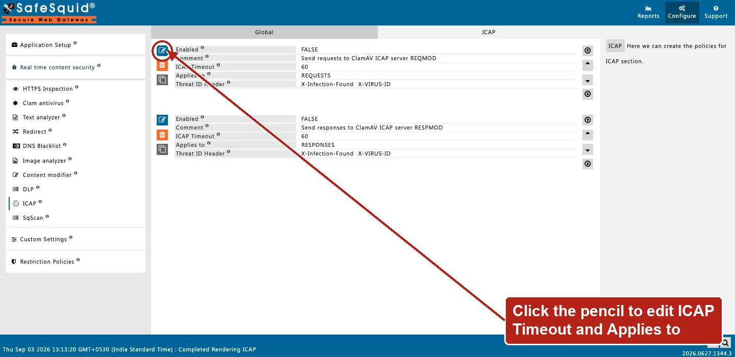 SafeSquid console showing ICAP rows for ClamAV REQMOD and RESPMOD with ICAP Timeout and Threat ID Header fields, the Edit Policies icon on the first row circled
