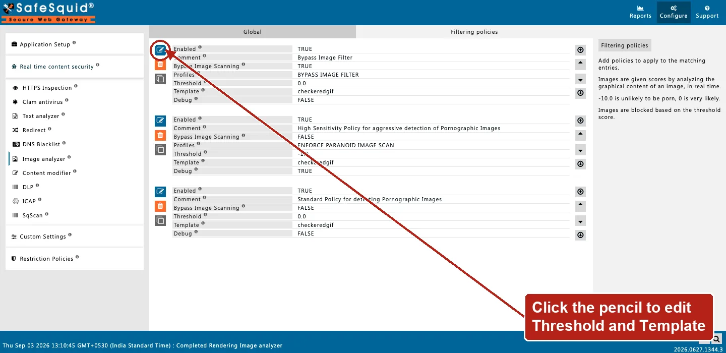 SafeSquid console showing Image analyzer Filtering policies rows with Threshold and Template fields, the Edit Policies icon on the first row circled