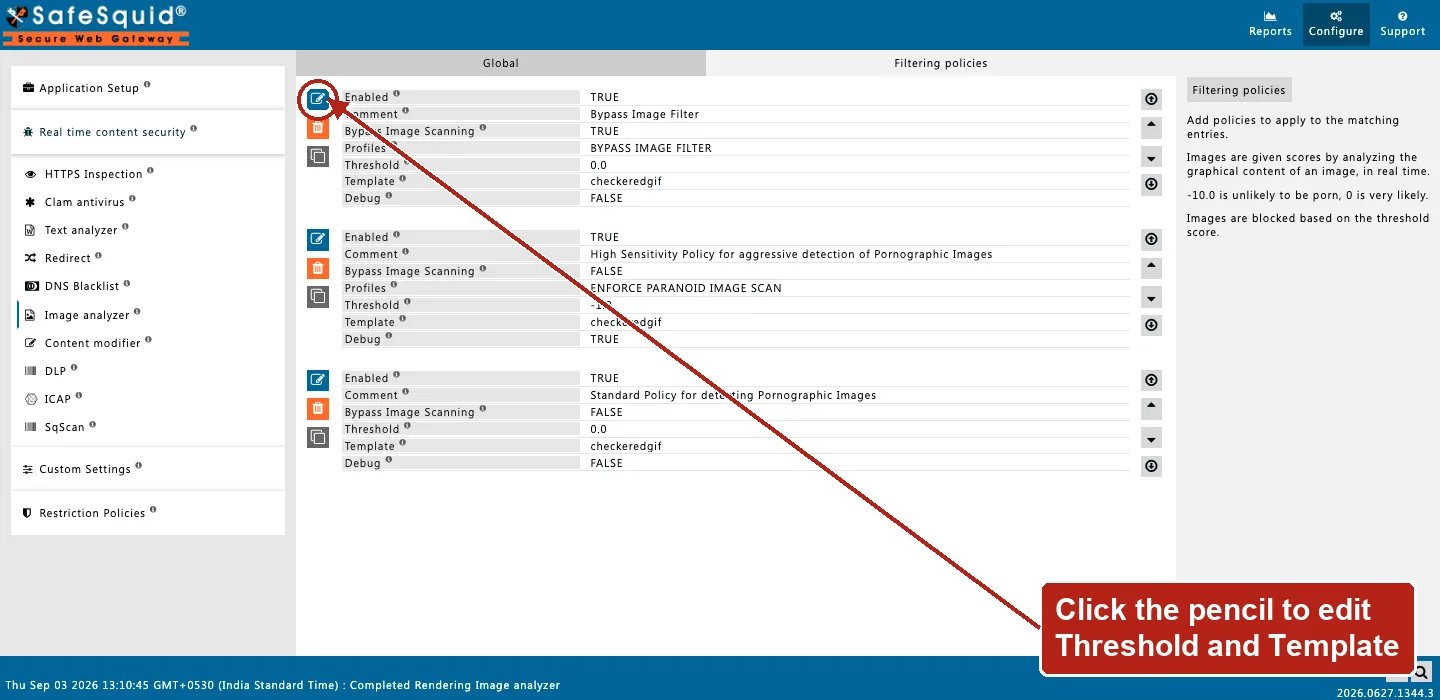 SafeSquid console showing Image analyzer Filtering policies rows with Threshold and Template fields, the Edit Policies icon on the first row circled