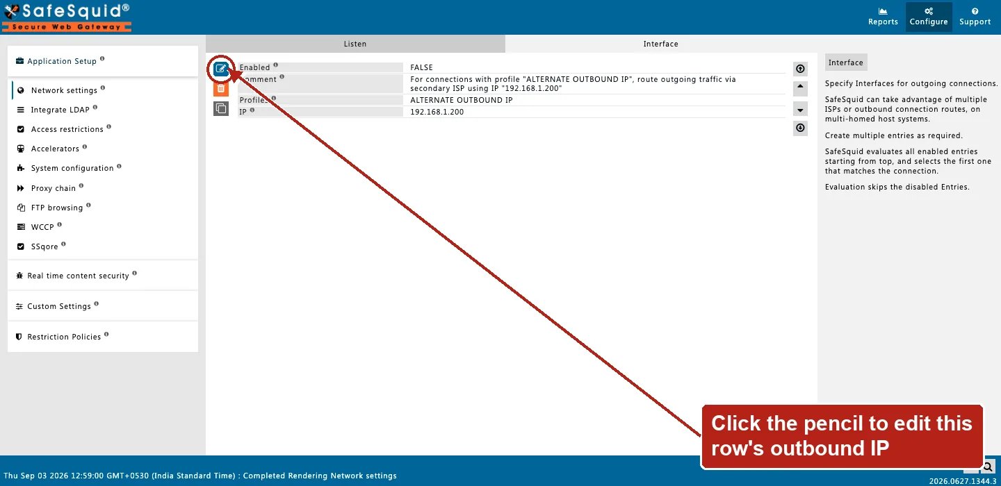 SafeSquid console showing a Network settings Interface row with the ALTERNATE OUTBOUND IP profile, the Edit Policies icon circled