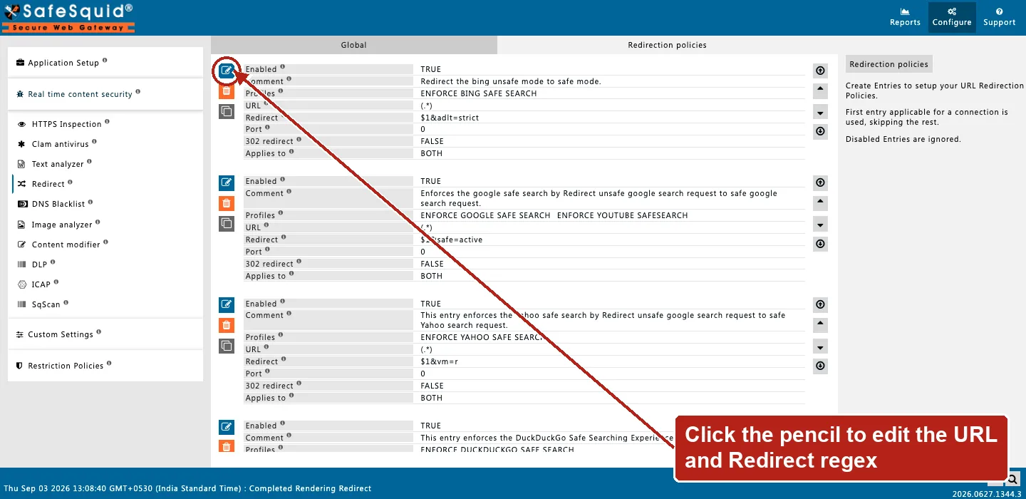 SafeSquid console showing Redirection policies rows enforcing search-engine safe search, the Edit Policies icon on the first row circled