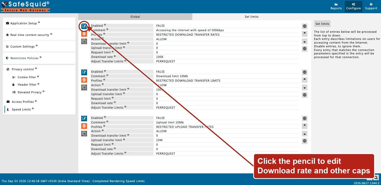 SafeSquid console showing Speed Limits rows with Download rate and transfer limit fields, the Edit Policies icon on the first row circled
