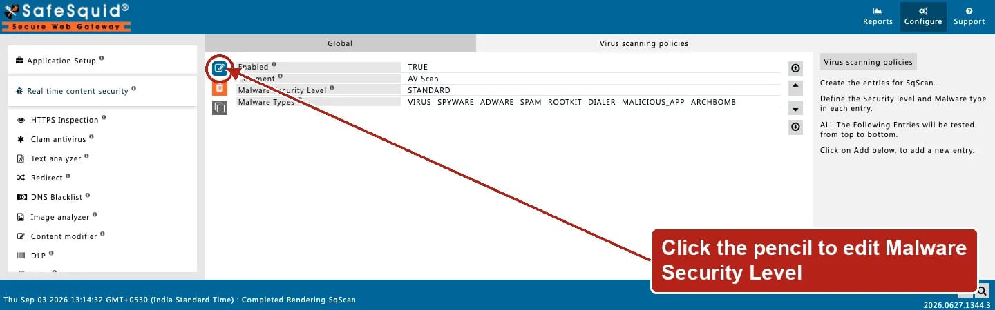 SafeSquid console showing a SqScan Virus scanning policies row with STANDARD Malware Security Level, the Edit Policies icon circled