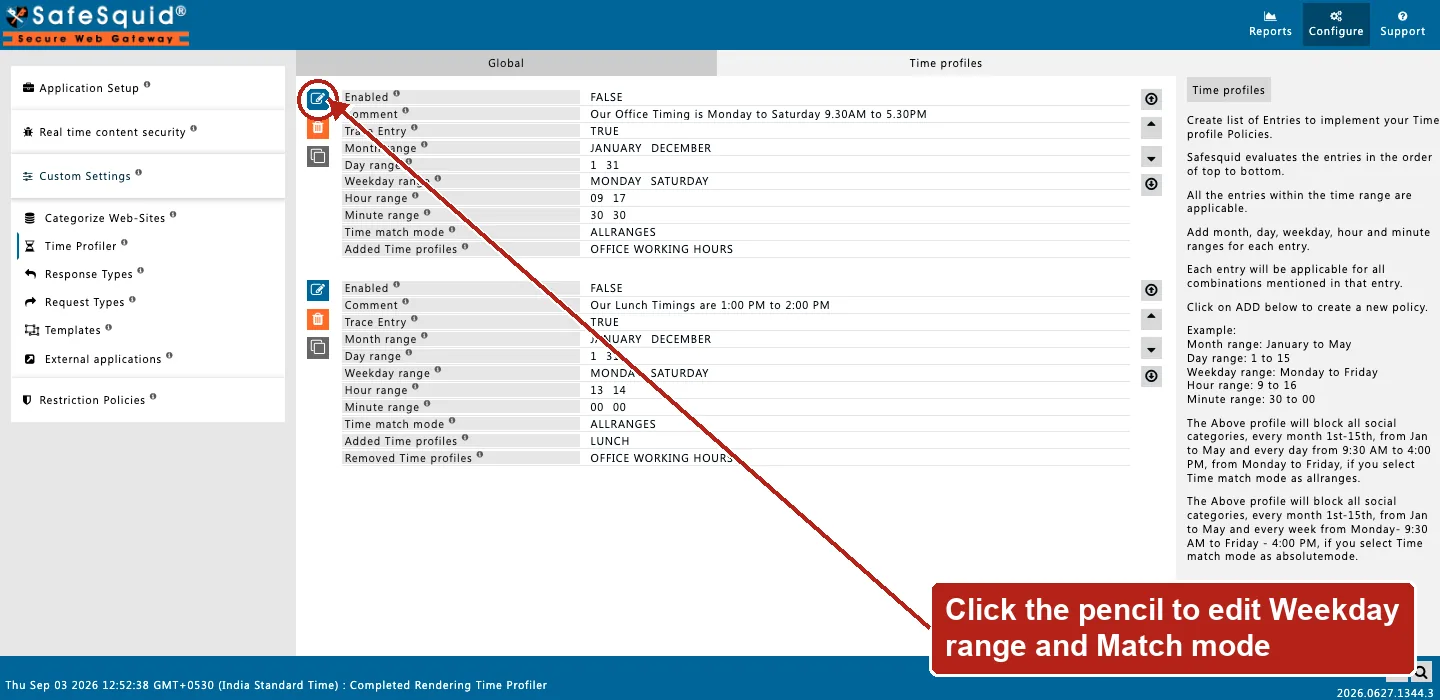 SafeSquid console showing Time profiles rows for office hours and lunch window, the Edit Policies icon on the first row circled