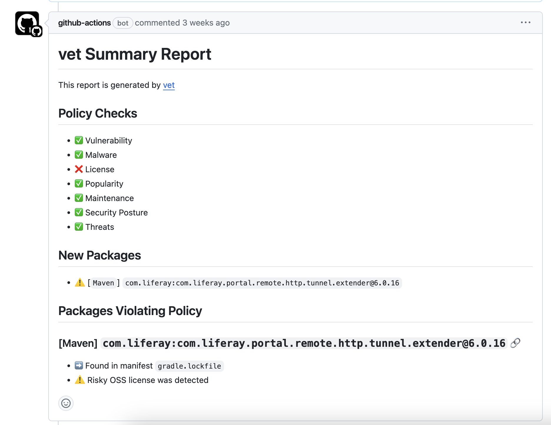 vet GitHub Action PR comment