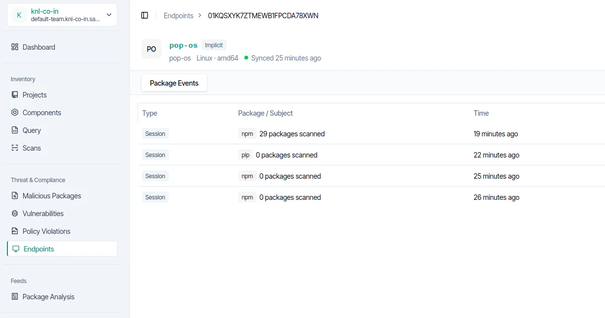 SafeDep Cloud Endpoints page showing package events
