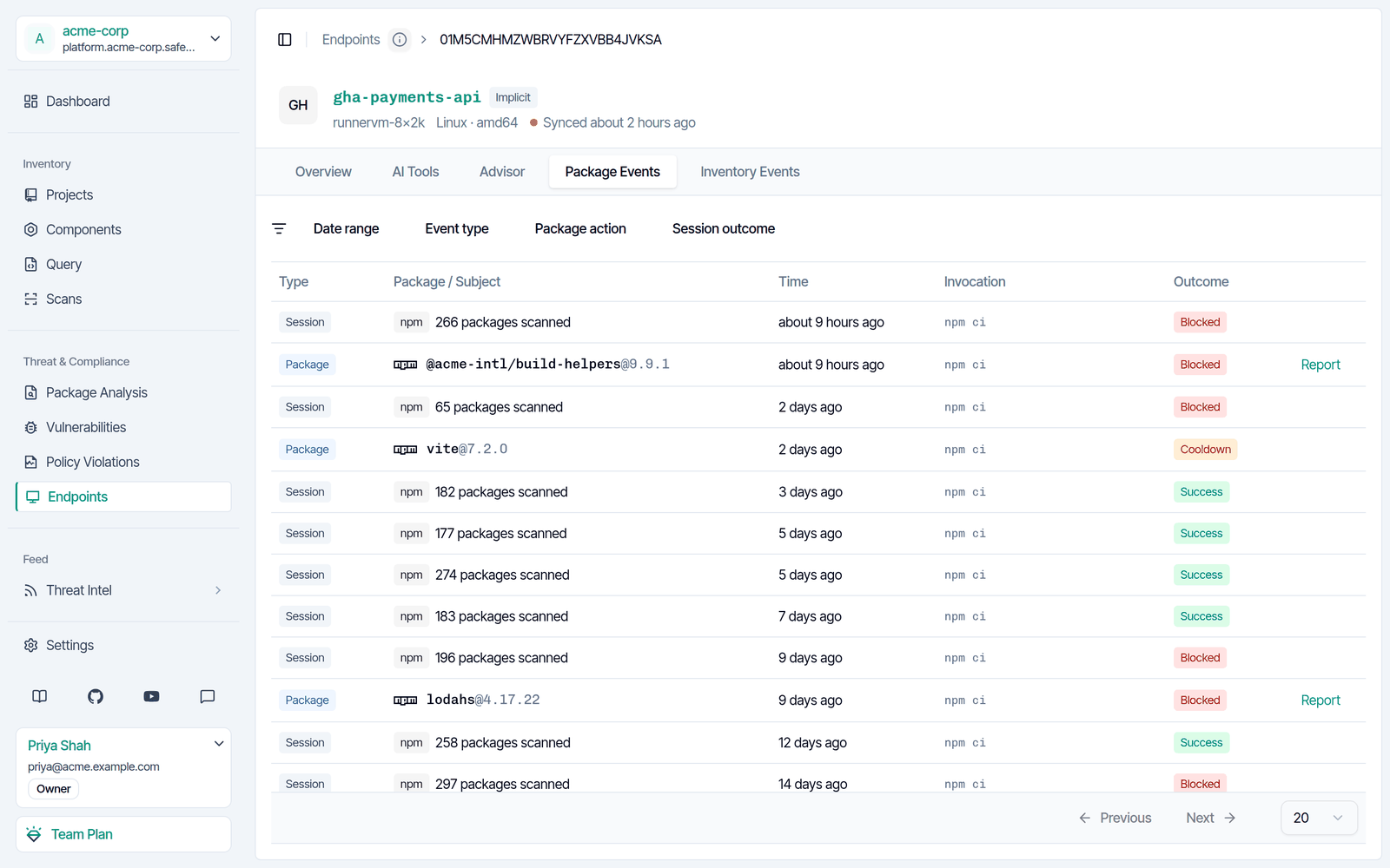 Package Events of a GitHub Actions endpoint in SafeDep Cloud with blocked, cooldown, and successful installs
