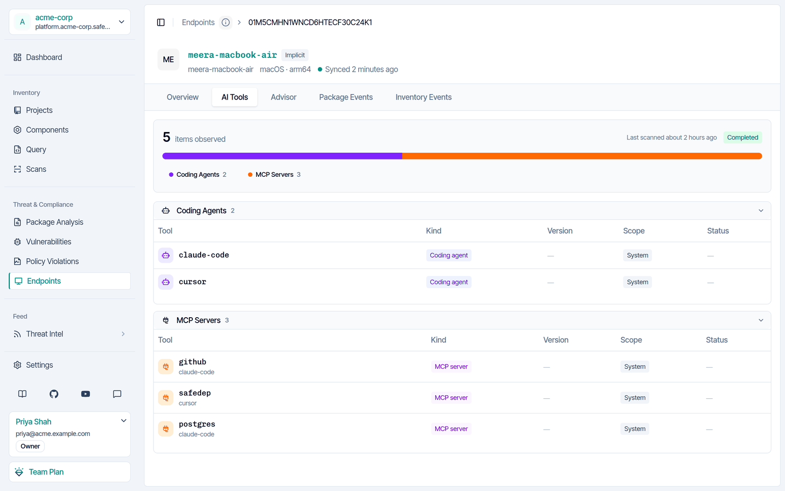 AI Tools tab of an endpoint in SafeDep Cloud with two coding agents and three MCP servers