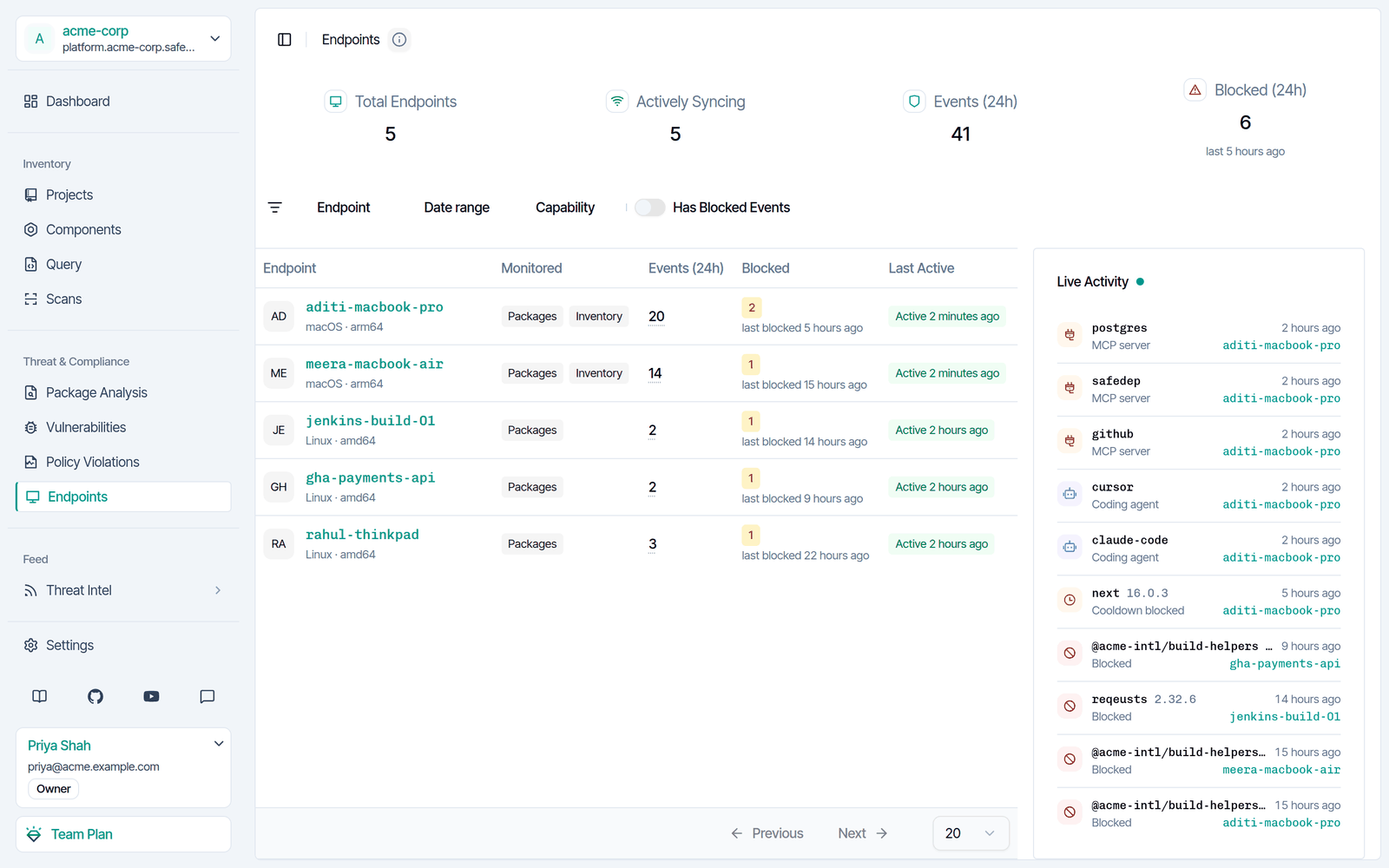 Endpoint list in SafeDep Cloud with the number of blocks on each endpoint and a Live Activity panel of recent events