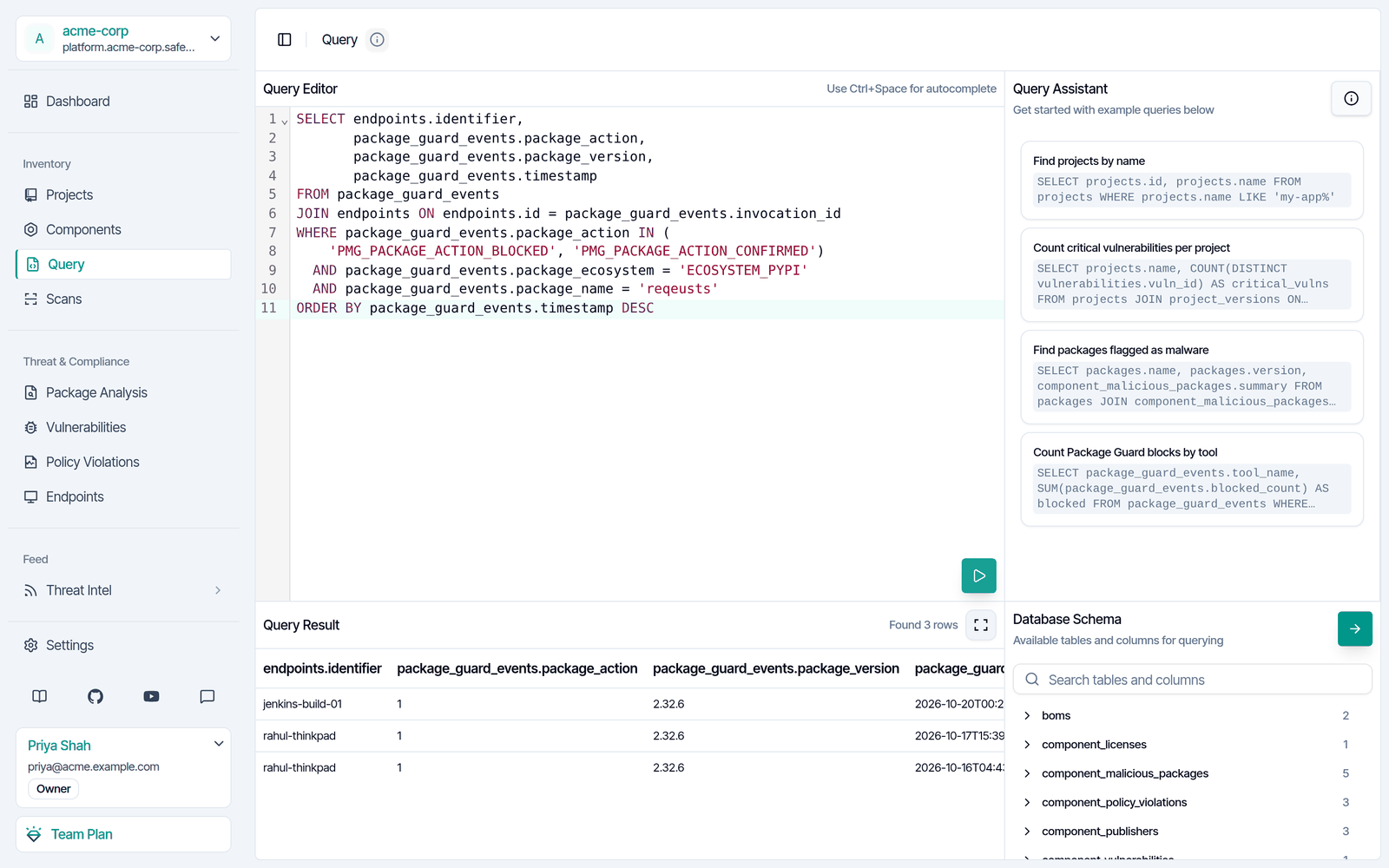 SafeDep Cloud query console with the endpoints that tried to install one package