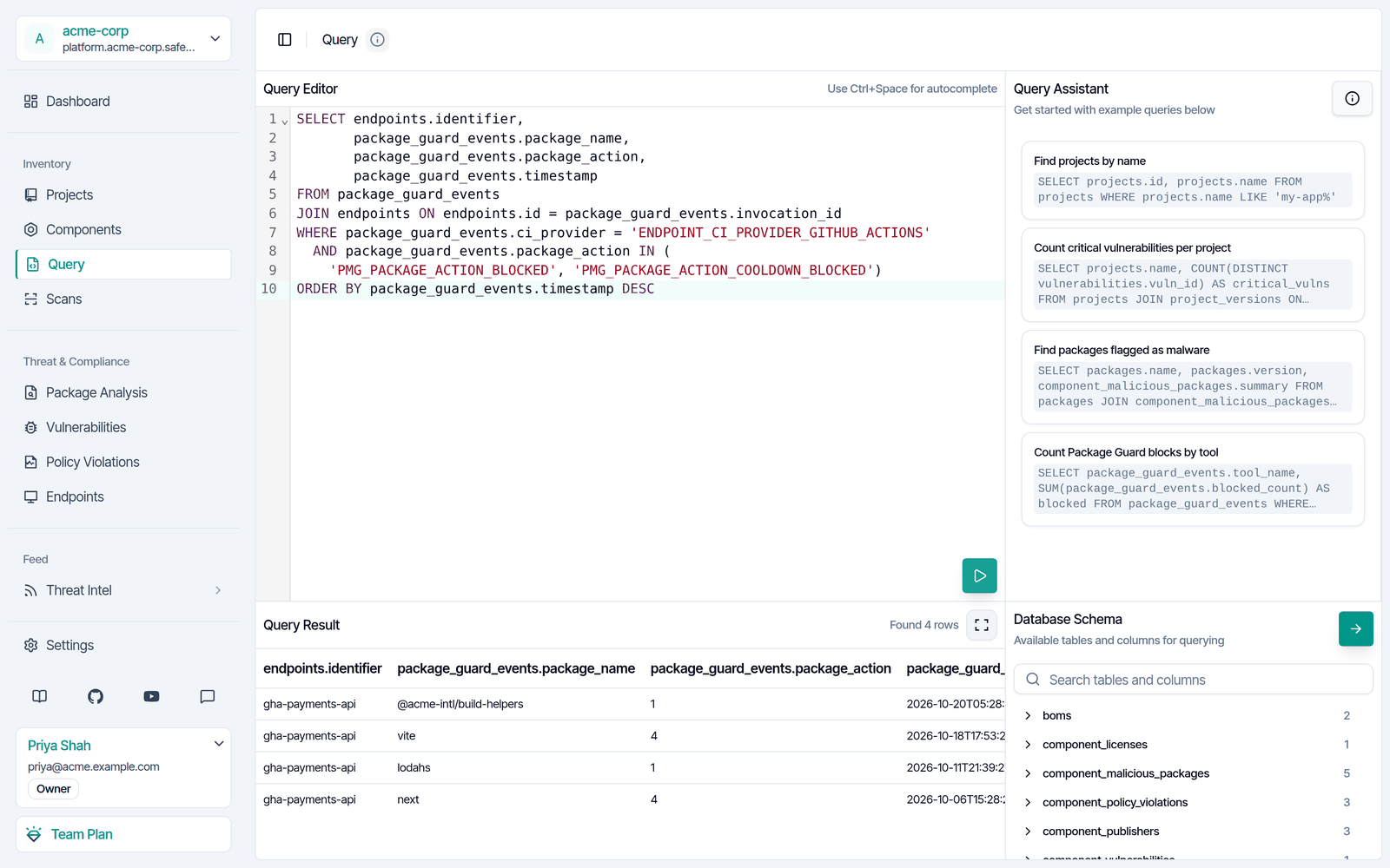 SafeDep Cloud query console with the package blocks in all GitHub Actions jobs