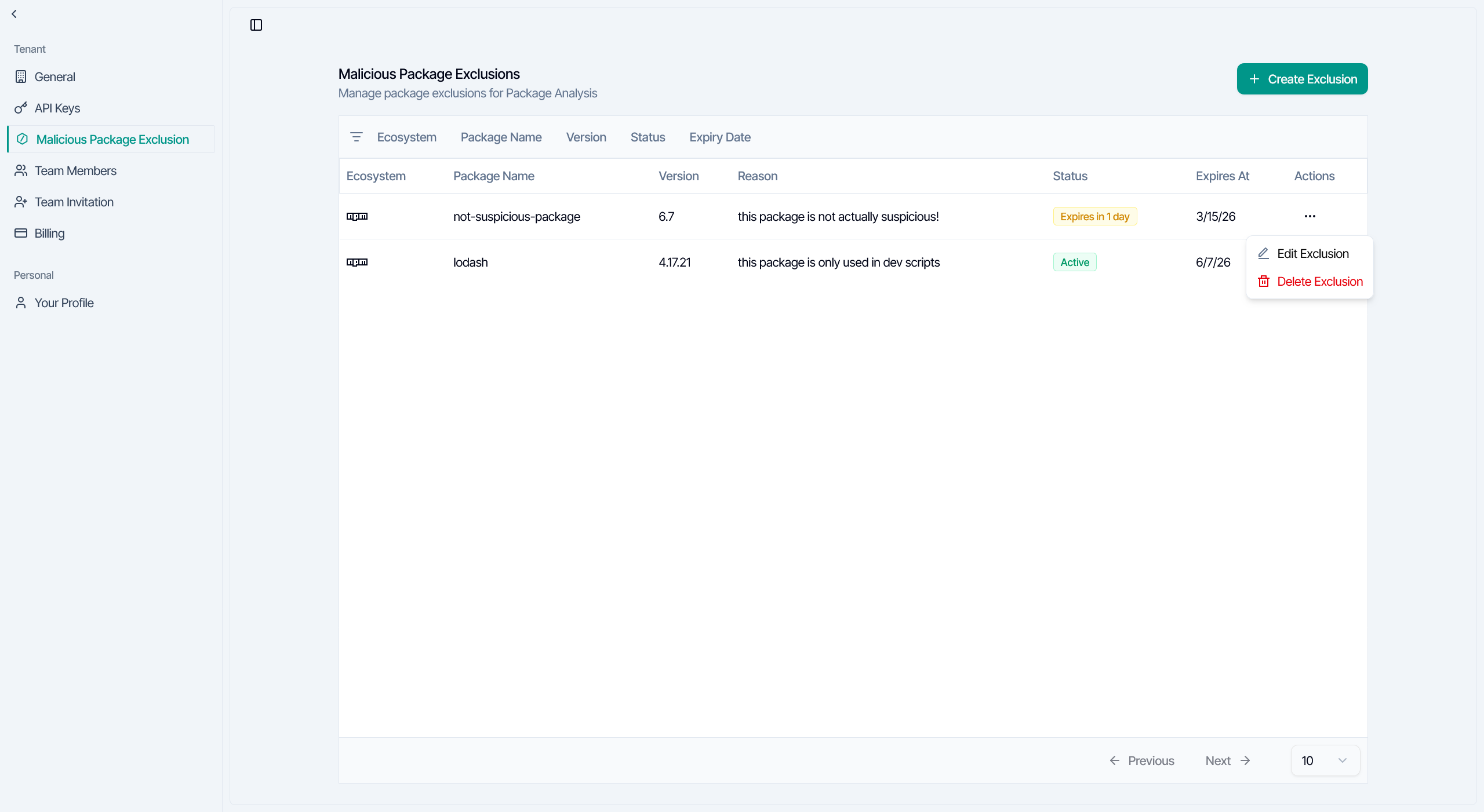 Exclusions table row actions menu showing Edit Exclusion and Delete Exclusion