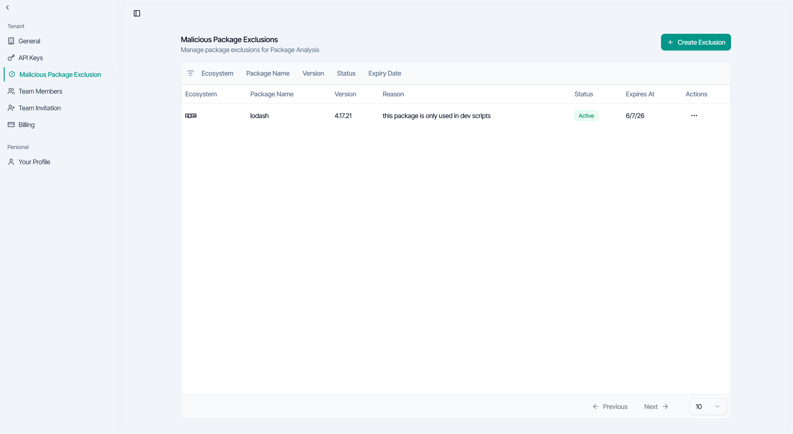 Malicious Package Exclusions settings page showing the exclusions table and Create Exclusion button