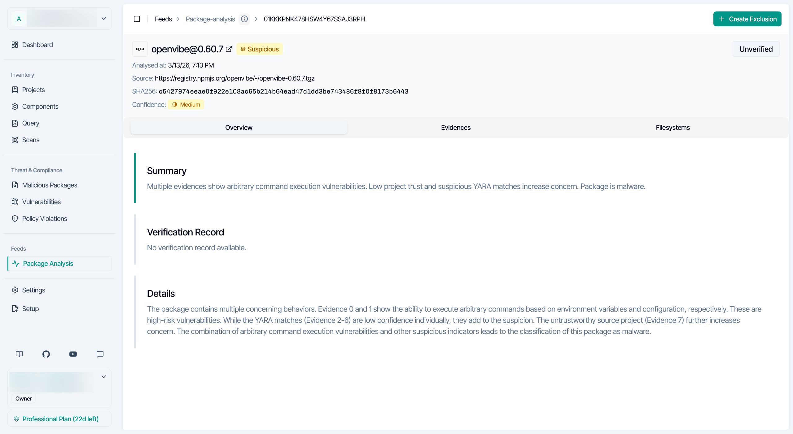 Package analysis page showing the Create Exclusion action