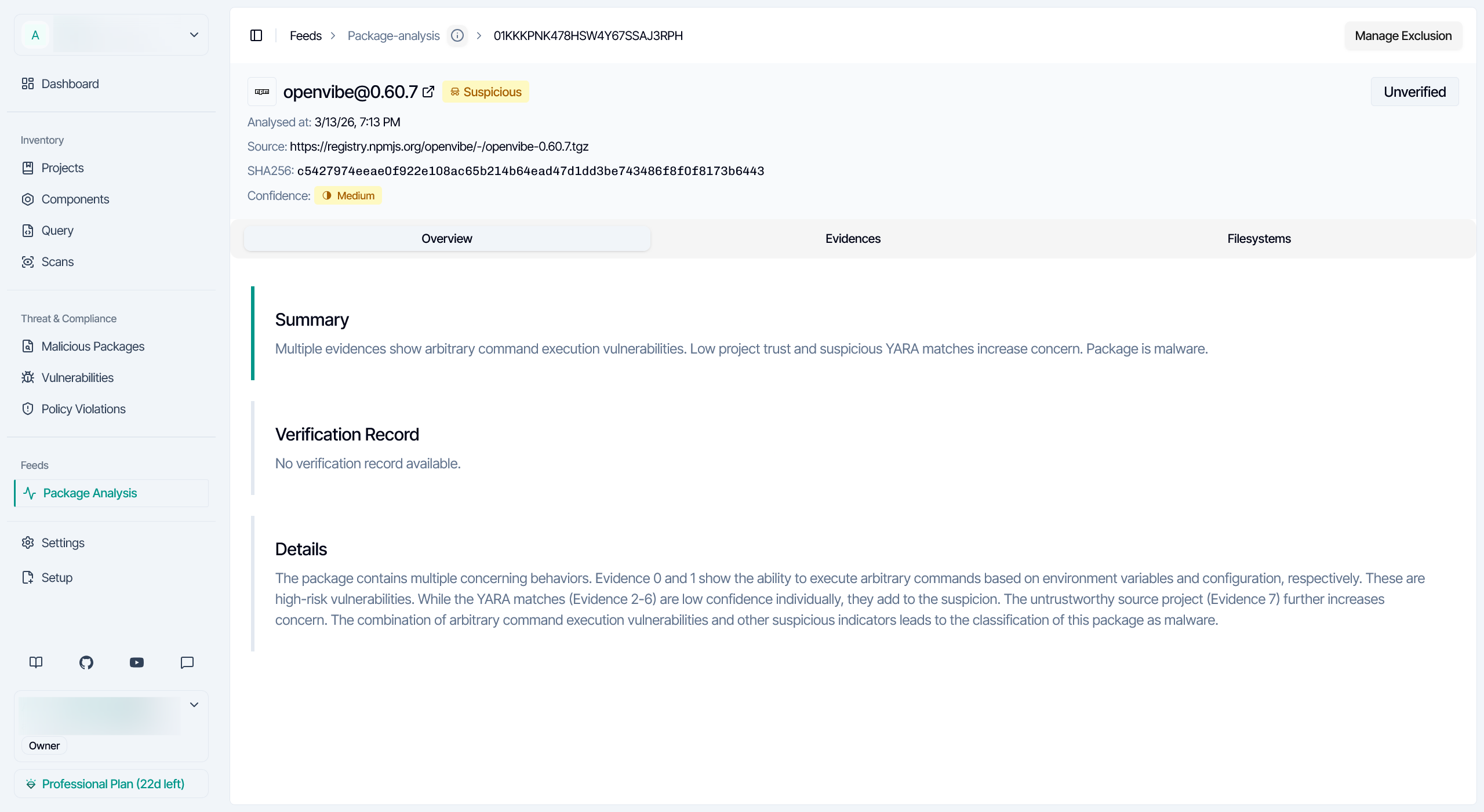 Package analysis page showing the Manage Exclusion action