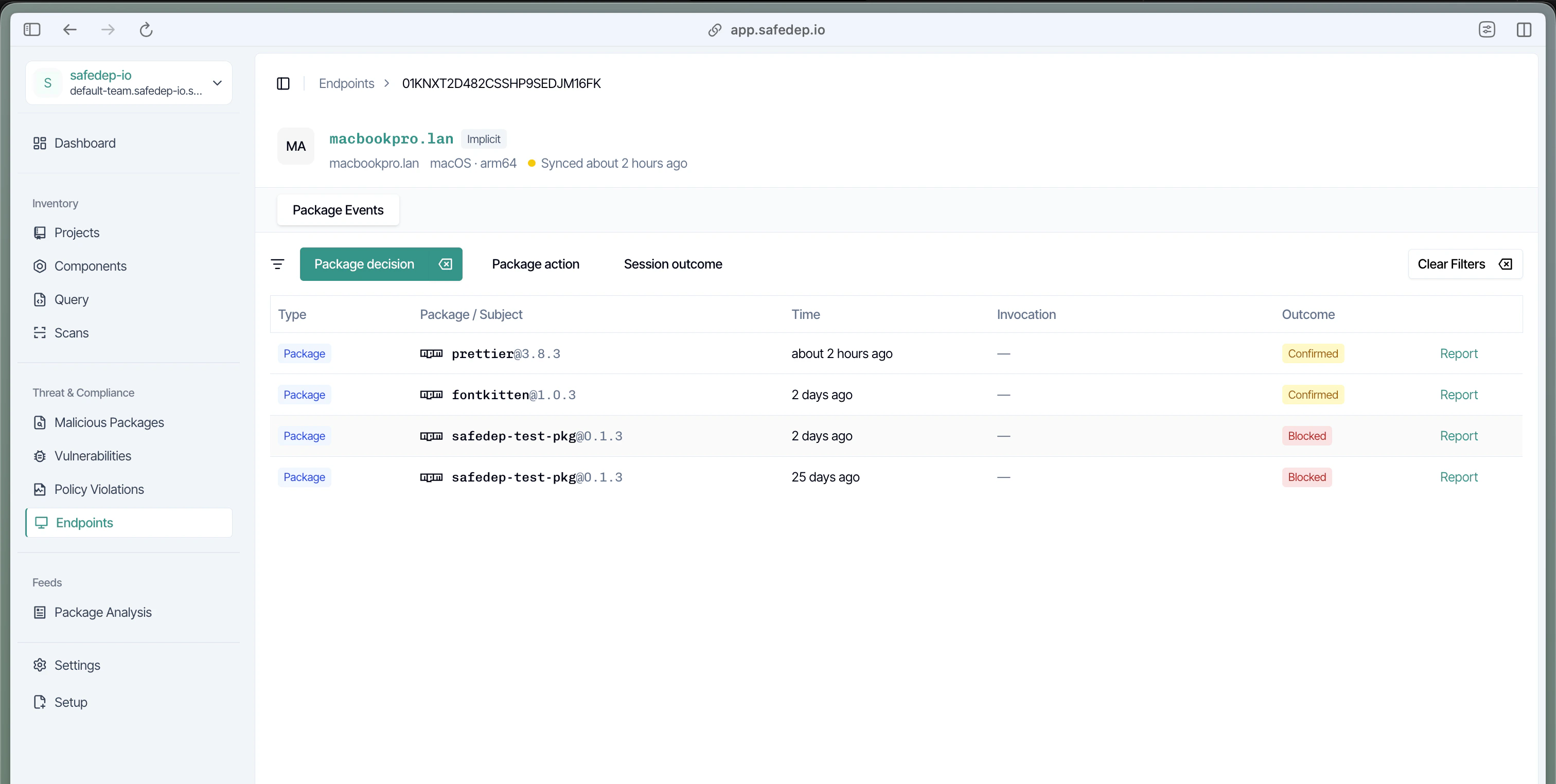 SafeDep Cloud Endpoints page showing package events