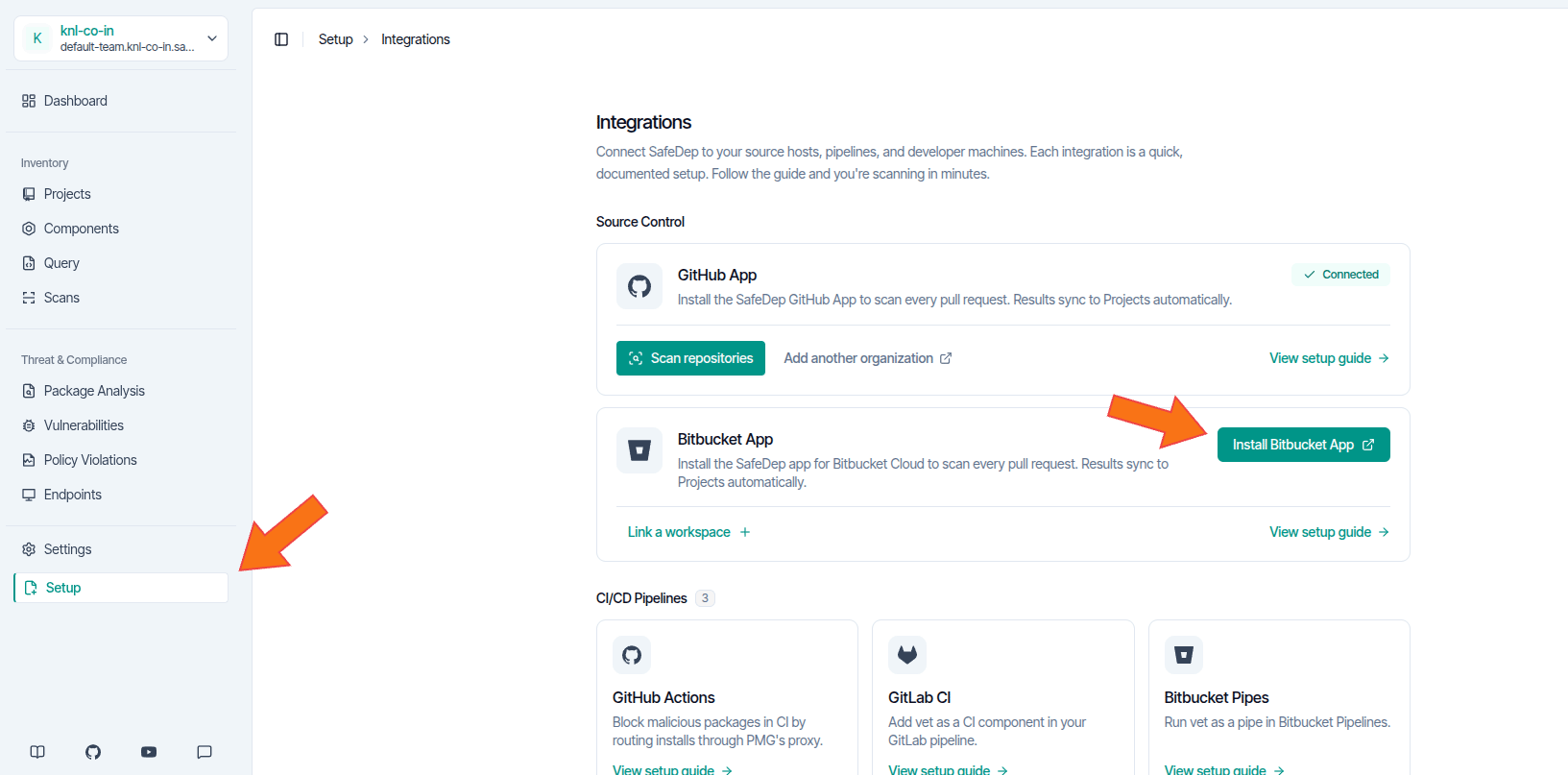 Install Bitbucket App button in the SafeDep console, under Setup then Integrations