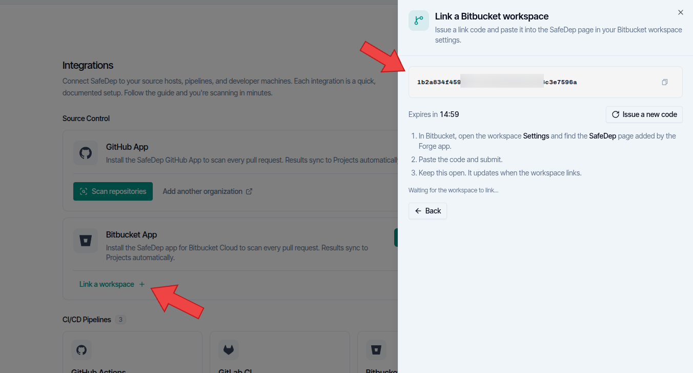 Link a Bitbucket workspace panel in the SafeDep console, with the link code and its expiry