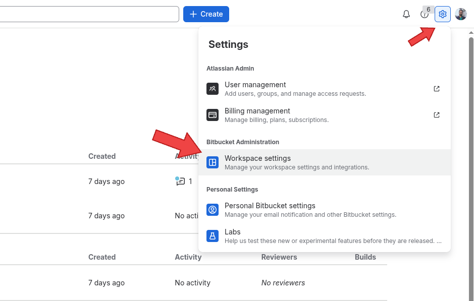 Bitbucket settings menu with Workspace settings under Bitbucket Administration